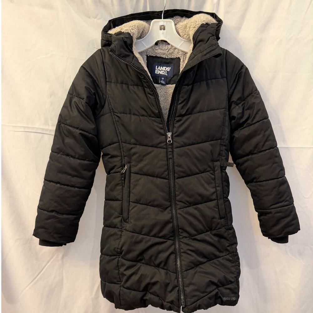 Lands' End Girls Black Hooded Puffer Coat Size Med/ 8 Sherpa Lined Winter Parka